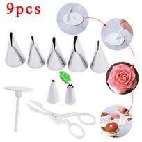 9pcs/set Flower Scissor+cake Tray +7pcs Tulips Rose Nozzle Nail Decor Lifter Fondant Cream Transfer Baking Pastry Kitchen 9PCS