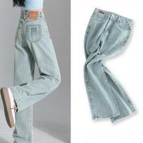 Embroidered High Waist Wide Leg Jeans Women Autumn Light Wash Straight Denim Pants M