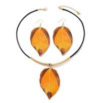 Circular Tubes Metal Pendant Necklace Black PU Rope Chain Leaves Shaped Jewelry set  Casual Wear