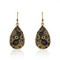 Vintage Ethnic Multicolor Rhinestone Water Drop Dangle Earrings for Women Carved Texture Antique Glod Color Earrings Jewelry