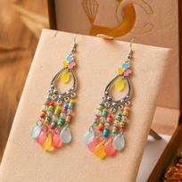 New Bohemian Long Rice Bead Water Drop Earrings for Women Ethnic Retro Drop Oil Hollow Dangle Earrings Vacation Party Jewelry