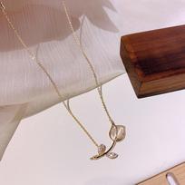 Kpop Opal Tulip Rose Flower Pendant Necklace Korean Fashion Choker Jewelry For Women Charm Sweater Chain Necklace