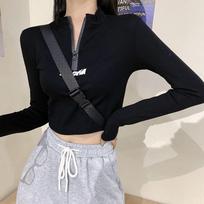 Solid String T-shirts For Female Navel Exposed Tees Design Long Sleeve Women Inner Zipper Tees Girls Y2K Tops XL balta