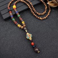 Unisex Handmade Necklace Nepal Buddhist Mala Wood Beads Pendant Necklace Ethnic Fish Horn Long Statement