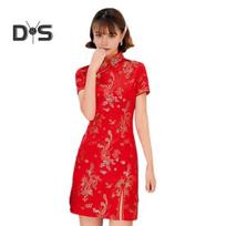Moteriškas vasarinis čiongsamas su stovinčia apykakle, drakono ir fenikso raštu, skeltu kraštu, qipao, prigludęs, retro kiniško stiliaus, virš kelio ilgio, vestuvėms, vakarėliui, kokteilinei suknelei S raudona