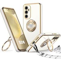 Protective Case - BOOLING - for Samsung Galaxy S24 - White Silicone - Rotating Ring - with Lanyard included