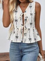 Ladies' Elegant Slim Fit V-neck Bow Printed Sleeveless Vest S