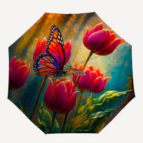 1pc Butterfly Tulips Automatic Folding Umbrella - Compact 8-Rib Design, Durable Plastic & Iron, 051