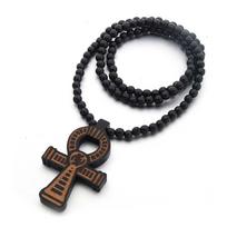 Vintage Wood Engraved Egyptian Ankh Pattern Pendant Beads Necklace for Women Men Homosexual Necklace New Jewelry Lover Gifts