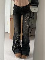 Floral Embroidery Jeans Vintage 2000s Low Rise Flared Jeans Women Retro Y2k Baggy Denim Pants High Street Basic Trousers S
