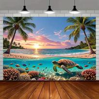2D Coral Reef Underwater Backdrop with Sea Turtle for Party Photoshoot 47.2x31.5inch/120*80cm