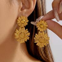Vintage Sunflower Drop Earrings for Women Stainless Steel Textured Botanical Floral Dangle Vintage Artisanal Statement Jewelry