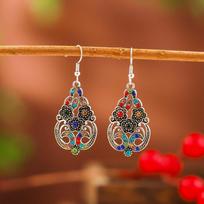 Vintage Bohemian Ethnic Blue Flower Earrings Female Drop Earrings Silver Color Hollow Geometric Party Wedding Jewelry Gift