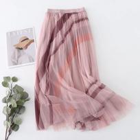 Summer Printed Mesh Pleated Skirt High Waist Slim Versatile Mid Length Half Length Skirt Wearing Women's Large Swing Skirt one size