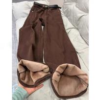 Maillard brown velvet thickened wide-leg jeans women's autumn and winter high-waisted loose and thin straight-leg pants S