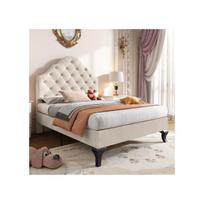 Lit capitonné - MUVOE - 90x200 cm - Velours Beige - Tête de lit réglable - 1 place