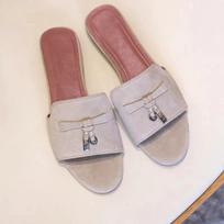 Cowhide~ Genuine leather fringed small gold buckle one-word flat-bottomed slippers for women's summer wear lazy half slippers French sandals 35