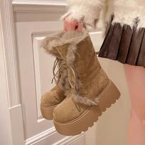 Winter Chunky Heel Women Fur Lining Snow Boots Concise Height Increase Shoes Ladies Comfort Warm Cotton Mid Calf Booties 35