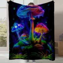 1pc Neon Glow-in-the-Dark Rainbow Mushroom Forest Fleece Blanket - Plush Quilted Flannel Bedspread with Glowing Fungi & Biolumin 130x150cm