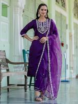 Women's Designer Silk Blend Embroidered Kurta with Pant & Dupatta Set S