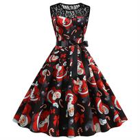 Sleeveless Christmas Dress Lace Yoke Fit and Flare Party Dress Round Neck Holiday Printed Midi Dress with Waist Tie XXL juoda