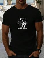 Unisex'S Casual T-Shirt With Cat Tail Hook Pattern - Summer Short Sleeve Round Neck Solid Color Knit Fabric - Adult Unisex Regular Fit S