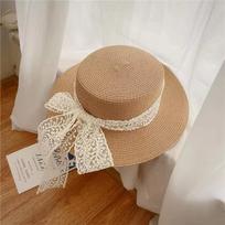 Spring Summer Bow Ribbon Straw Hat Wide Brim Women's Sun Hat Fashion Flat Top Straw Hats  Outdoor Style 2