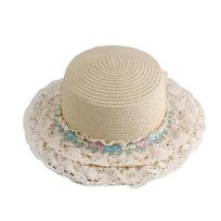 Flat Top Straw Woven Top Hat Wide Brim Women's Sun Hat Simple Lace Floral Brim Cap  Beach
