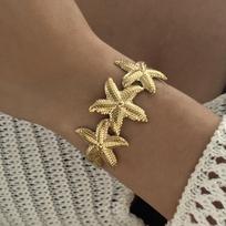 Stainless Steel Wide Bangles for Women Vintage Gold Color Starfish Flower Cuff Bangle Bracelet Beach Vacation Party Jewelry Gift