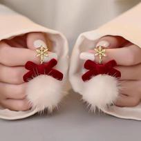 Christmas Snowflake Red Flocking Bowknot Drop Earrings for Women Girl Cute Elk Antler Plush Tassel Earring Xmas Party Jewelry