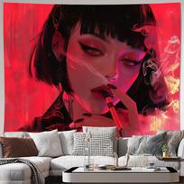 2D Aesthetic Red Light Anime Girl Tapestry Bedroom Wall Art 47.2x31.5inch/120*80cm