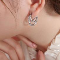 Retro Hong Kong-Style Cable Knit Earrings: Multi-layer Titanium Steel Moon Design with Stainless Steel Ear Studs for a Unique and Bold Look.
