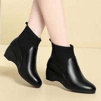 5cm Fashion Comfortable Med Heels Wedges Shoes Ankle Boots Fall Winter 2025 Soft Leather Flexible Elastic Sock Boots Office Mom 35