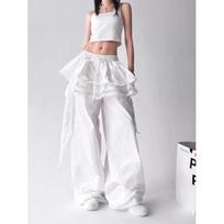 Women Summer Cargo Pants Streetwear Lace Patchwork Wide Leg Pants Gyaru Harajuku Korean Baggy Trousers S