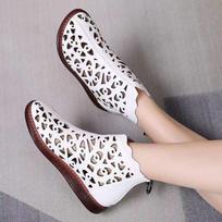 Genuine Leather Womens Spring Summer Roman Sandals Breathable Hollow Hole Flat Boots Non Slip Soft Comfort Daily Walking Shoes 35