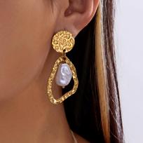 Modern Art Gold Color Imitation Pearl Drop Earrings for Women Textured Geometric Disc Jewelry Elegant Retro Party Wedding Gifts
