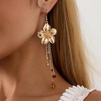 Elegant Gold Color Floral Tassel Drop Earrings for Women Luxury Crystal Chain Dangle Earrings Evening Party Wedding Jewelry Gift