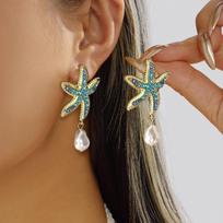 Mermaidcore Festival Drop Earrings for Women Blue Starfish Baroque Imitation Pearl Drop Dangle Coastal Earrings Summer Jewelry