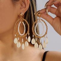 Bohemian Natural Cowrie Shell Drop Earrings for Women Woven Beaded Hoop Chandelier Dangle Summer Festival Coachella Jewelry