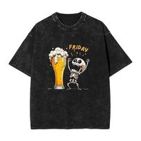skeleton enjoying Friday washed T shirts fashion happy summer tees streetwear custom logo simple tops gift idea S