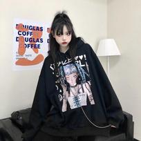 Punk Gothic Hoodies Black White Anime Printed Fashion Japanese Style Pullover Sweatshirts with Chain Girl Hip Hop Hipster Tops Fleece Thick Winter XXL