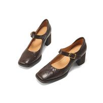 Krazing Pot Sheepskin Fashion Summer Spring Autumn Thick High Heels Metal Buckle Women  European Design Square Toe Pumps 35 ruda