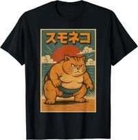 Funny Cat Sumo Wrestler Japanese Art Anime Ukiyo-e Graphic T-Shirt for Men Women M