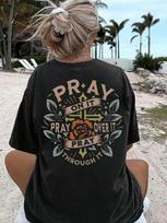 Unisex floral and letter print drop-shoulder T-shirt, casual basic style short-sleeved crew neck T-shirt for both men and women. M