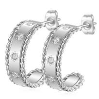 18K Gold Zircon Flat Wide Twisted Lace C-Shaped Earrings - European & American Fashion, Stainless Steel
