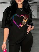 Unisex's Butterfly & Heart Print Drop Shoulder T-Shirt, XXXL