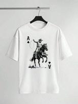 Unisex's White Knit Drop Shoulder Short Sleeve Western Cowboy Spade A Graphic T-Shirt Tee S