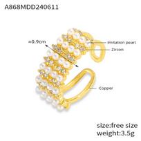 18K Gold-Plated Geometric Rhinestone Wide Band Ring with Pearl - Adjustable for Women Size 7