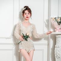 Women's Slim-Fit Long Sleeve One-Piece Swimsuit - Tummy Concealing, Solid Color, Korean Celebrity Style M