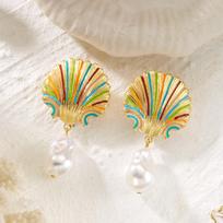Vintage Scallop Drop Earrings for Women Baroque Inspired Lustrous Dangle Colorful Striped Statement Resort Evening Jewelry